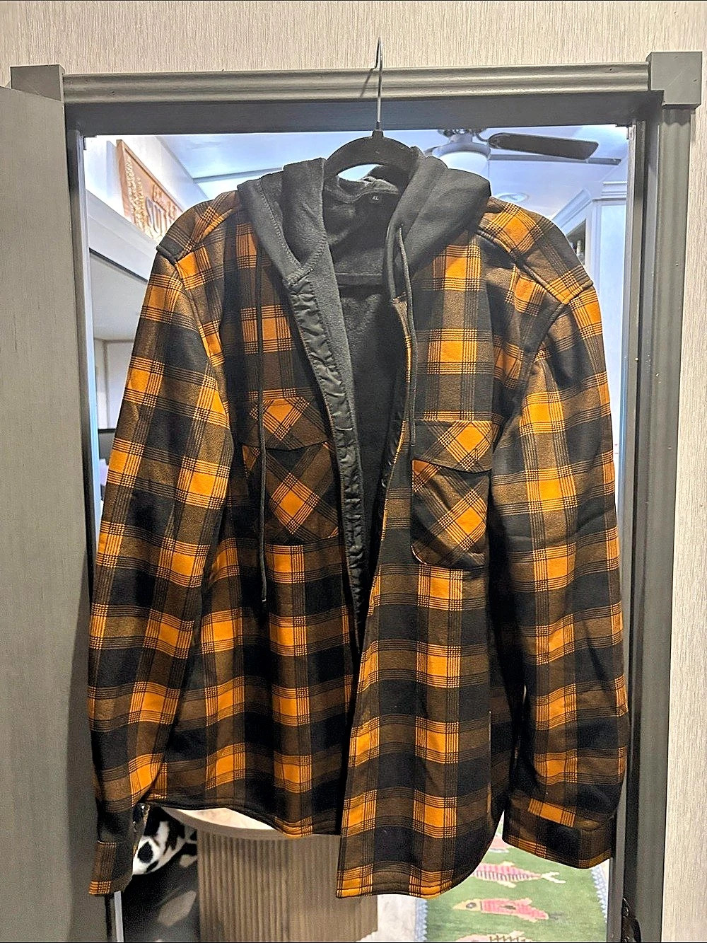 Plaid Hooded Jacket in Orange & Black XL Like New